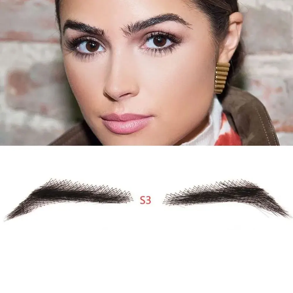 One Pair Fake Eyebrows Handmade Human Hair Lace Eyebrows False Eyebrow Extensions For Women and Men Black Eyebrows