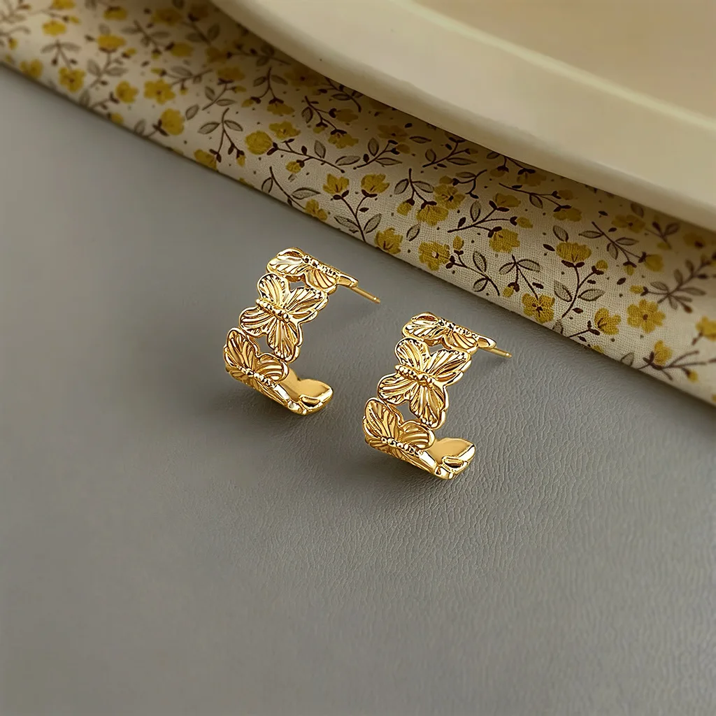 18K Gold Plated Hollow Vintage Multi Butterfly C Hoop Earrings Hypoallergenic Metal Dainty Fashion Jewelry For Women
