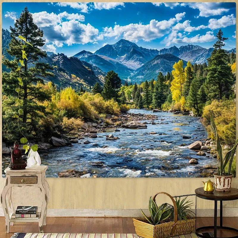 VIKAMA Mountain River Tapestry, Forest Stream & Snow Peak Nature Wall Hanging for Bedroom Living Room Home Decor