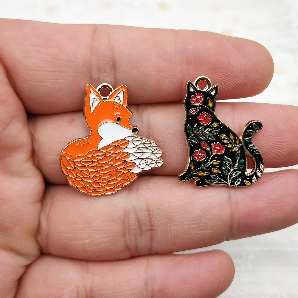 10pcs Cat Fox Charm Jewelry Accessories Diy Making Craft Enamel Necklace Earring Pendant Keychain Charms Alloy Metal Gold Plated