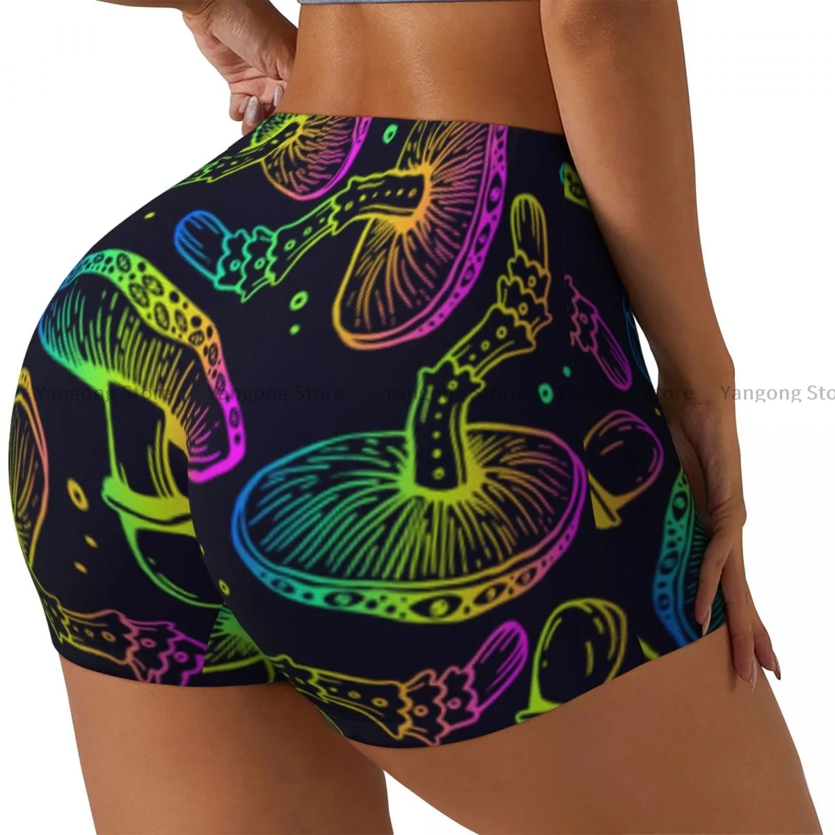 Women's Yoga Shorts Cosmic Rainbow Psilocybin Mushrooms Scrunch Booty Butt Lifting Comfort Fitness Gym