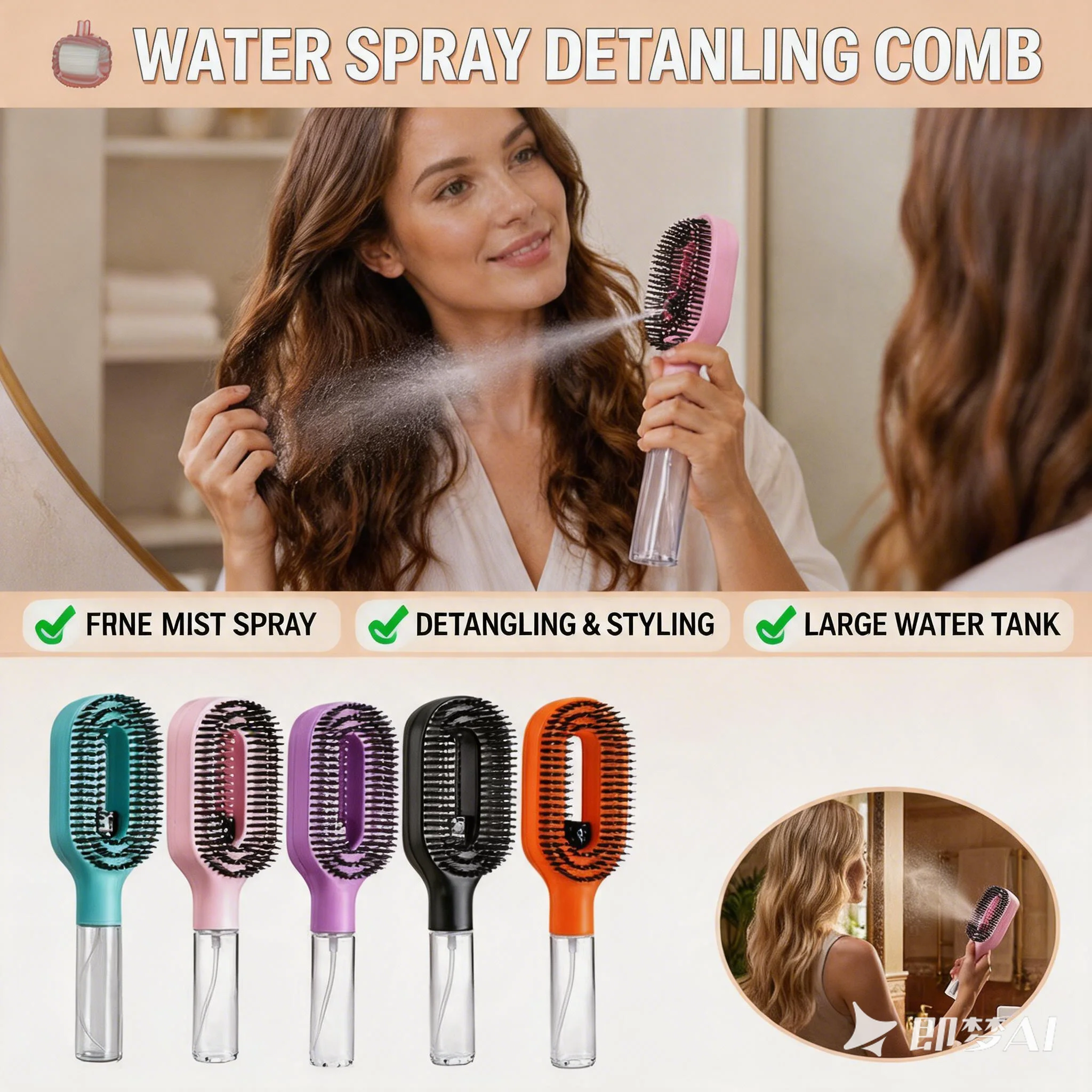 Salon Professional Ionic Water Misting Detangling Hair Brush Anti Frizz One Key Spray Handle Portable Smooth Shine Brush