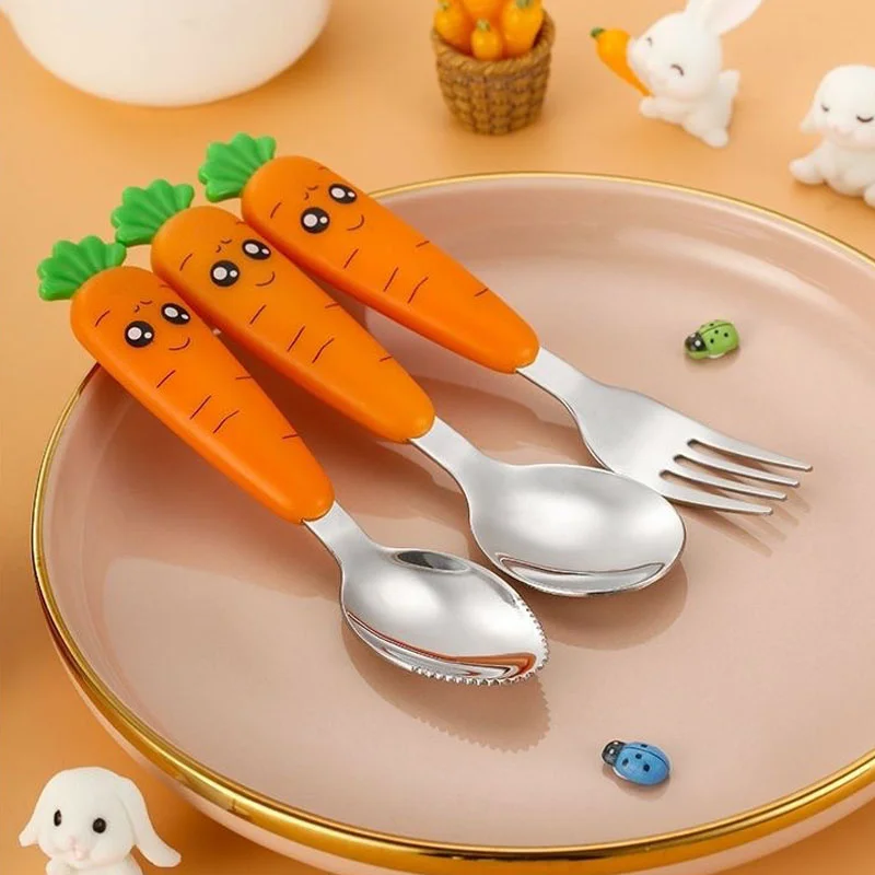 Baby Feeding Utensils Carrot Shape Toddler Safe Stainless Steel Spoons and Forks Anti-Choke Children's Cutlery Set Baby Stuffs