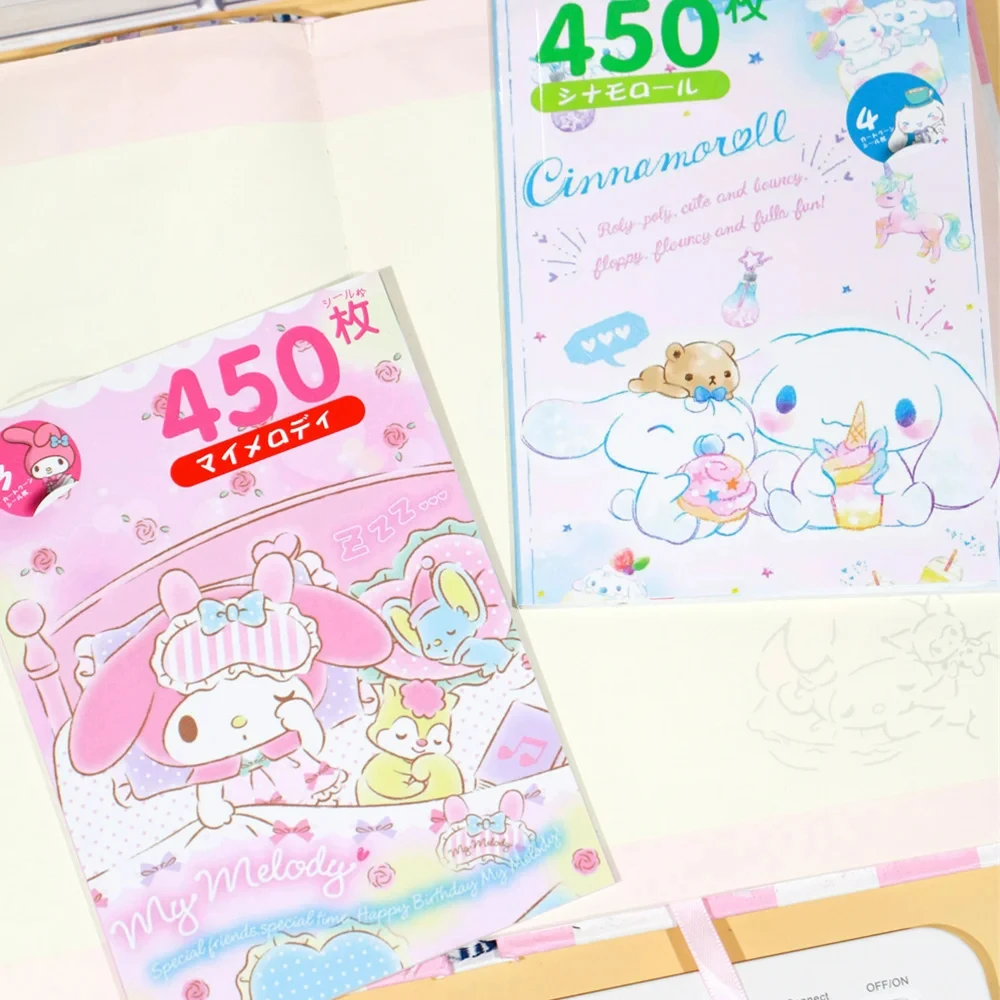 450 buah buku stiker Sanrio kartun Kawaii Kuromi Hello Kitty Melody Goka stiker kartu dekorasi akun tangan untuk hadiah anak perempuan