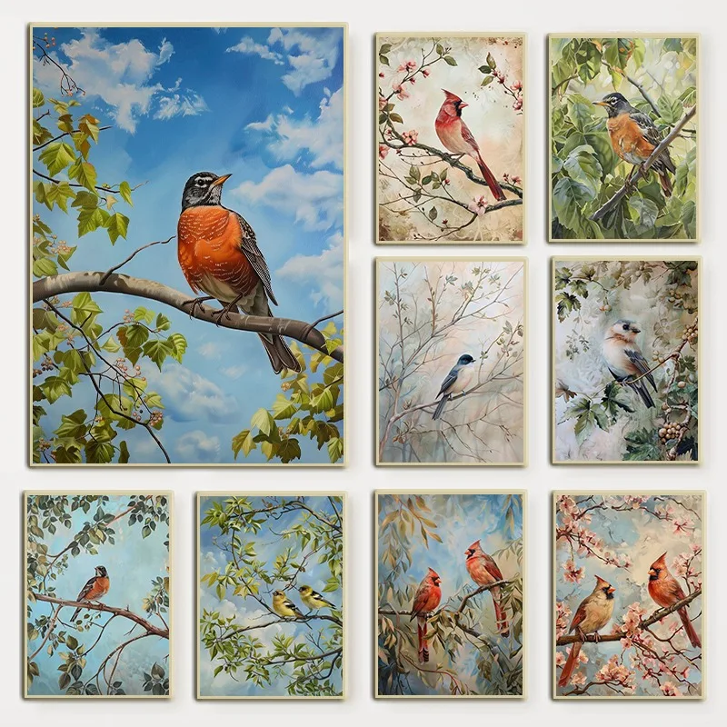 Vintage Neutral Farmhouse Bird Flower Poster Nature Animal Ornithology Canvas  Wall Art for Country Nursery Home Decor
