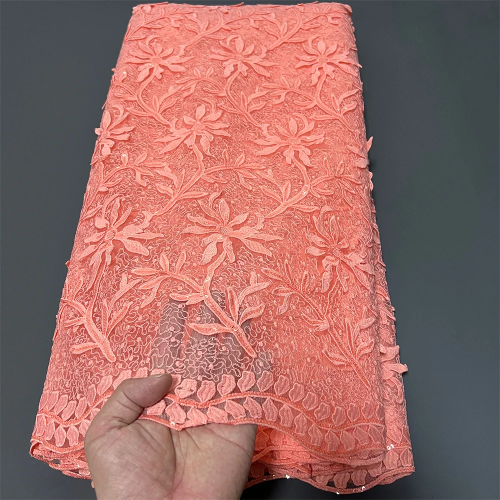 

Latest 2025 African Nigerian Guipure Embroidery Sequins Tulle Lace Fabric High Quality for Sewing Dresses 5Yards ZJ052