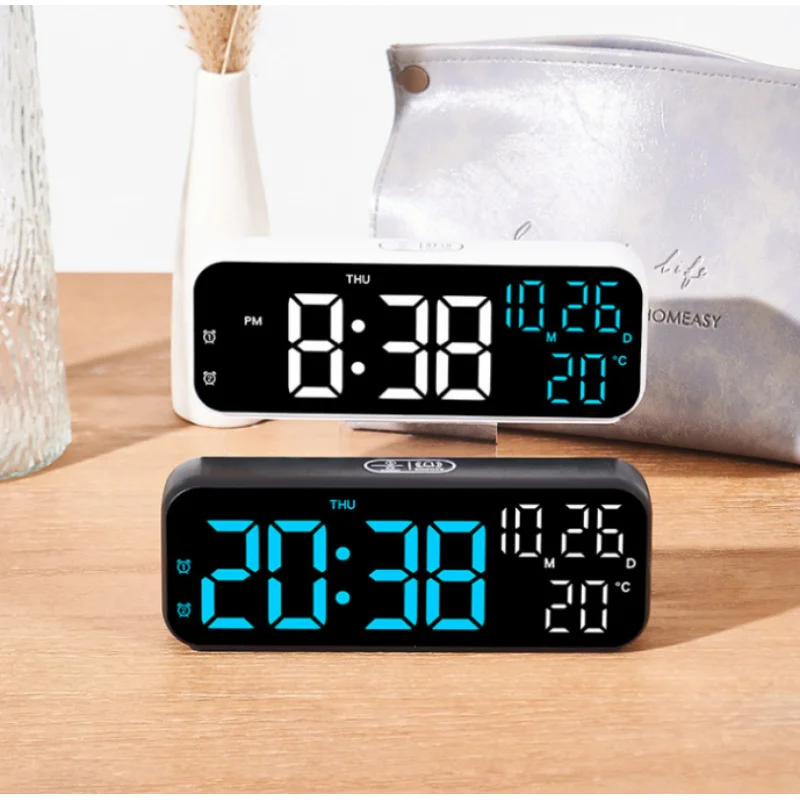 Digital Alarm Clock Temperature and Date Week Display Night Mode Table Clock Voice Control 12/24H Electronic LED Alarm Clocks