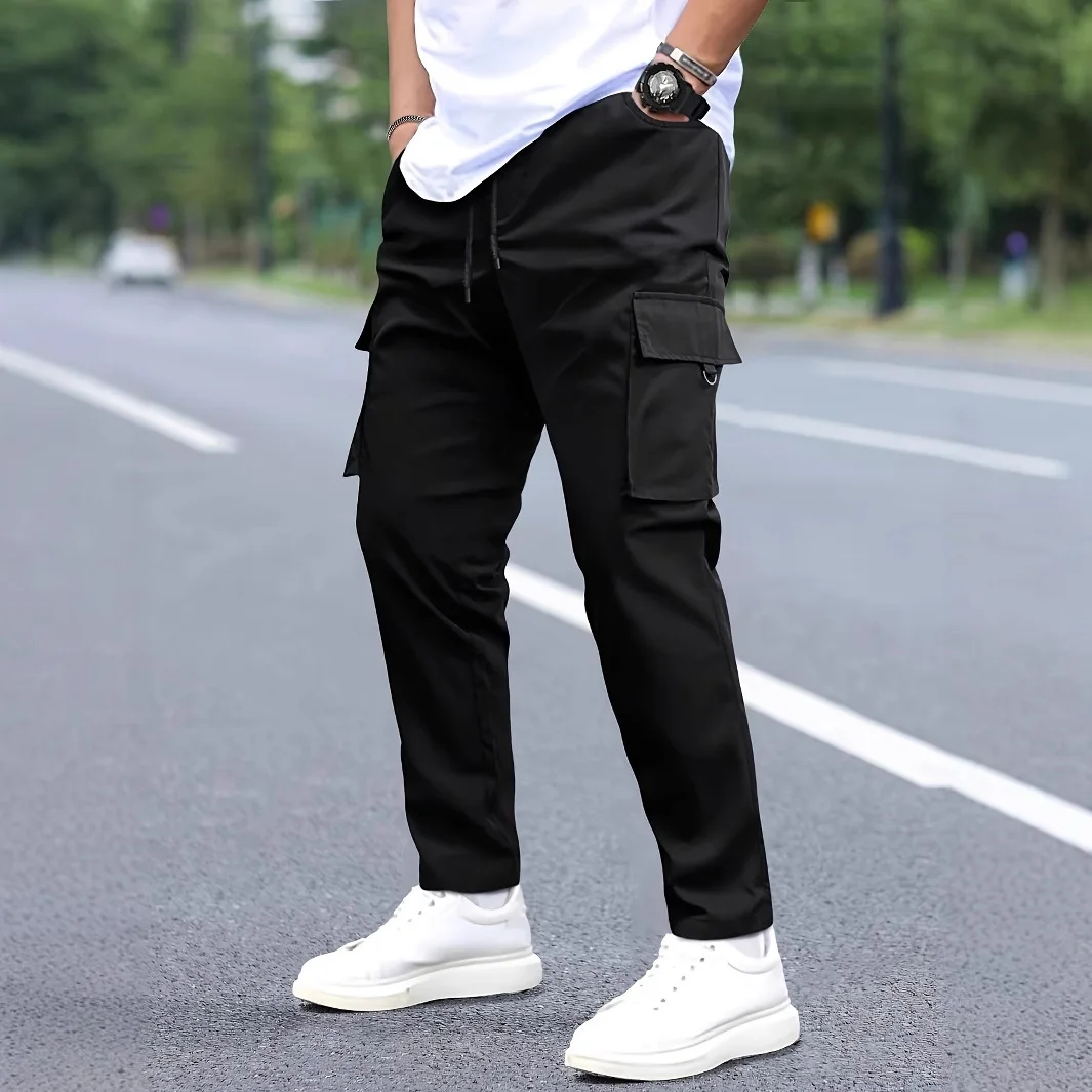 

New Pure Cotton Men's Work Trousers Drawstring Straight Leg Multiple Pockets Casual Long Pants Sporty Style Autumn Wear