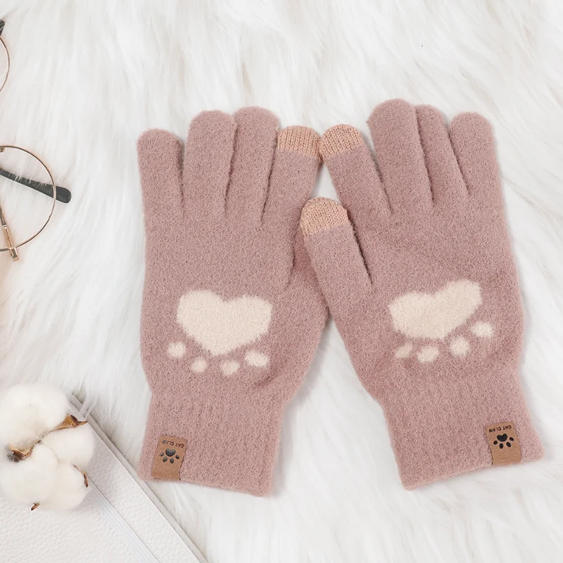 Women Cute Heart Gloves Fluffy Plush Gloves Winter Full Finger Gloves Love Heart Thick Mittens Girls Warm TouchScreen Glove