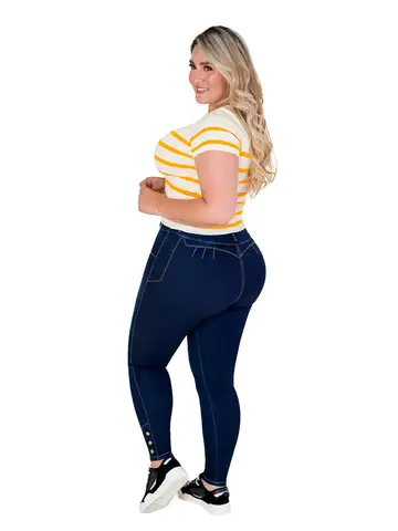 महिलाओं के गहरे नीले रंग के सामने बटन छोटे पैर सजावटी फीता-ऊपर उच्च कमर उच्च लोचदार पतली कूल्हे उठाने फैशनेबल तंग जींस 10 best sales पेटिट जींस - №5