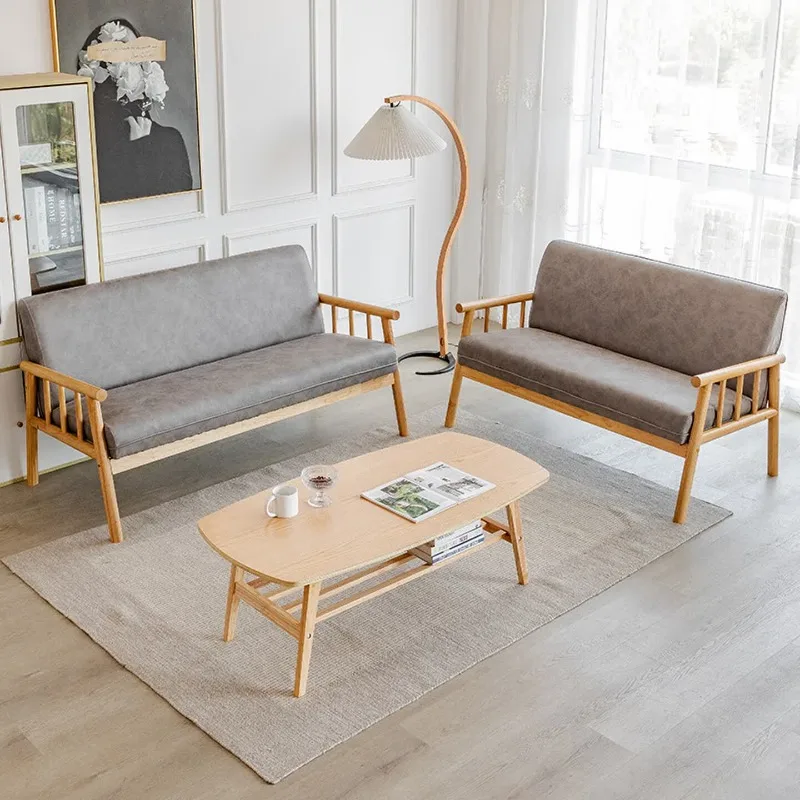 Japanese-style log wind double sofa, solid wood small apartment fabric living room bedroom apartment simple modern removable