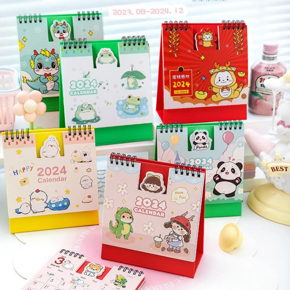 Desk Calendar Cartoon Daily Monthly Planner Coil Design 2024 Mini Calendar for Home Office Decoration