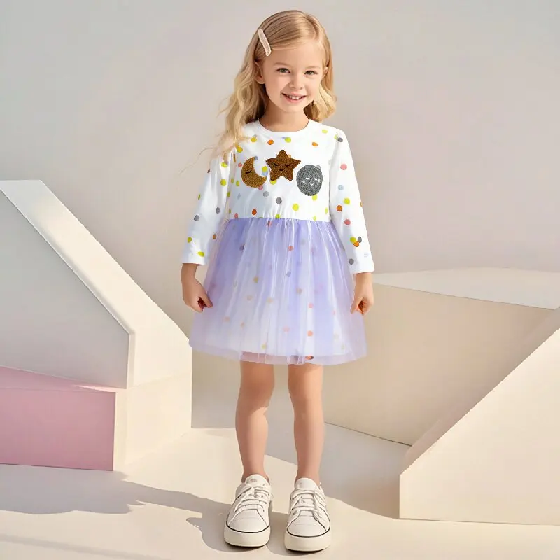 

Little maven Cute Moon Stars Sun Towel Embroidery Baby Girls Party Dress Children's Clothing Girls Elegant Mesh Princess Dresses