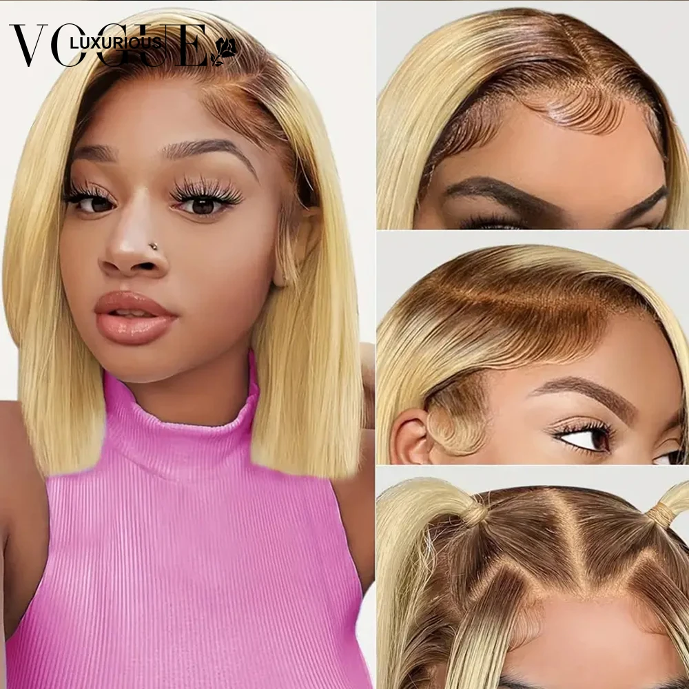 Straight Short Bob Pixie Cut Human Hair Lace Wig 13x4 Transparent Lace Front Wigs Ombre Honey Natural Hairline Wig For Woman