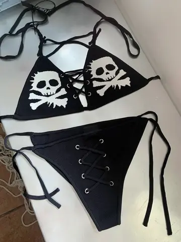 Sexy Bikini 2024 Women Y2k Emo Egirl Swimsuit Kawaii Sweet Bandage Bra Set Summer Beach Swimwear Femme Grunge Skull Punk Gothic