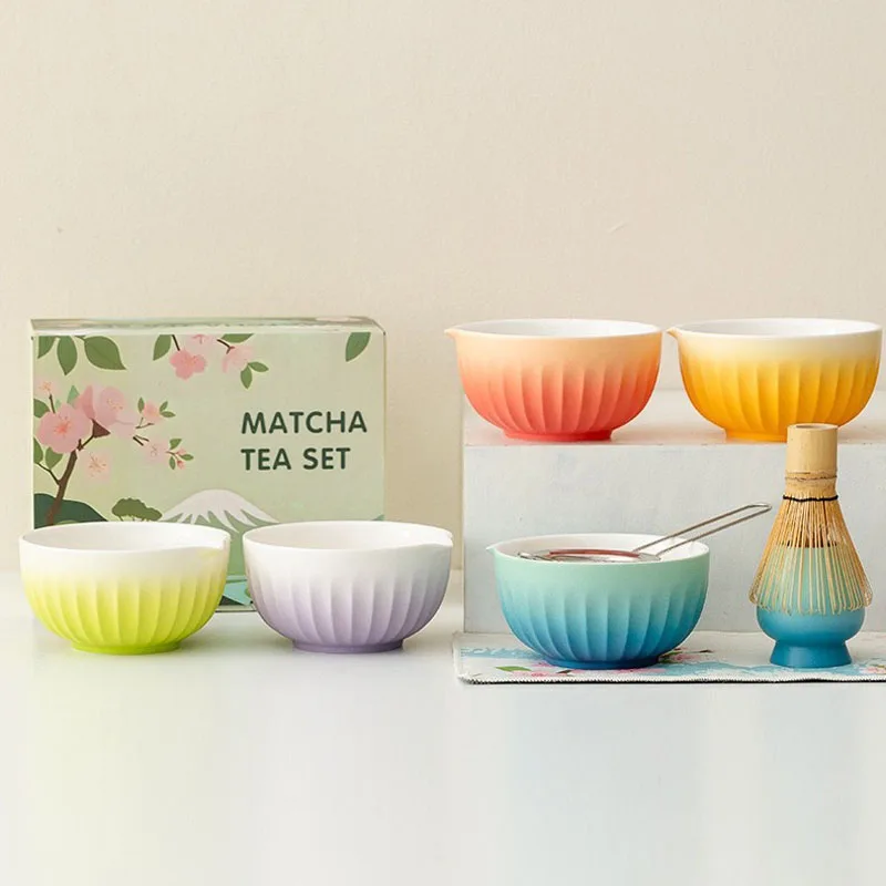 6PCS New Colorful Matcha Bowl Set With Spout, Macaron Cartoon Color Matte Tea Set, Bamboo Tea Whisk Set, Matcha Starter Set