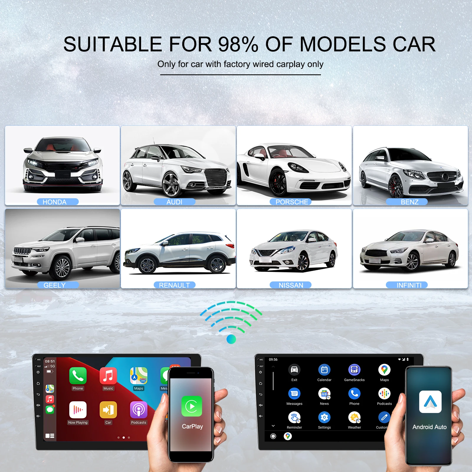 Podofo Wireless Android Auto Adapter Wireless Apple CarPlay Ai Box USB Type-C Dongle Bluetooth For Audi VW Benz Honda Ford