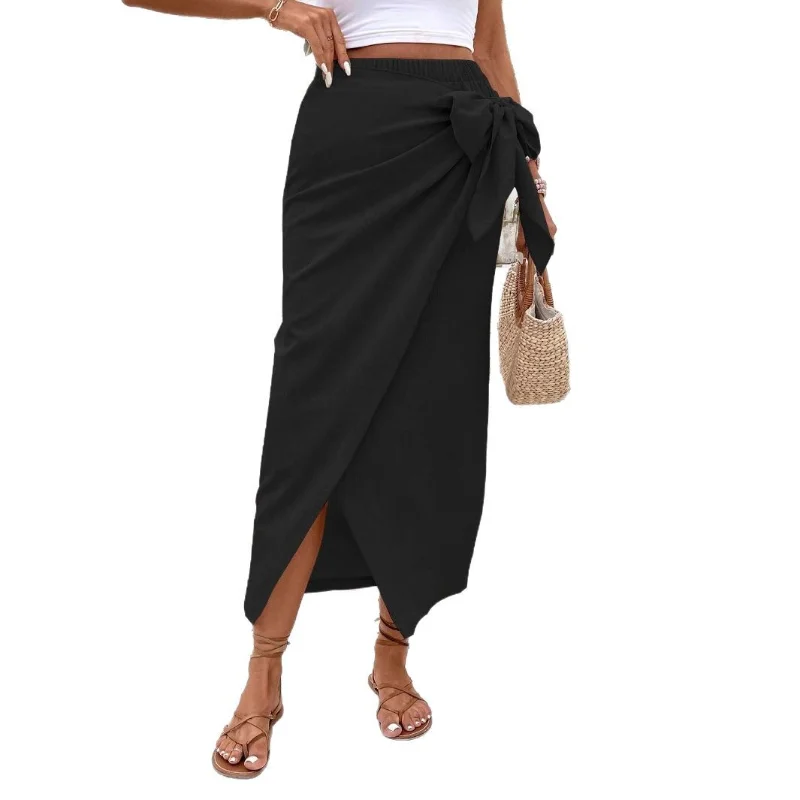 여성 캐주얼 불규칙 디자인 리본 타이 솔리드 컬러 하이웨이스트 스커트