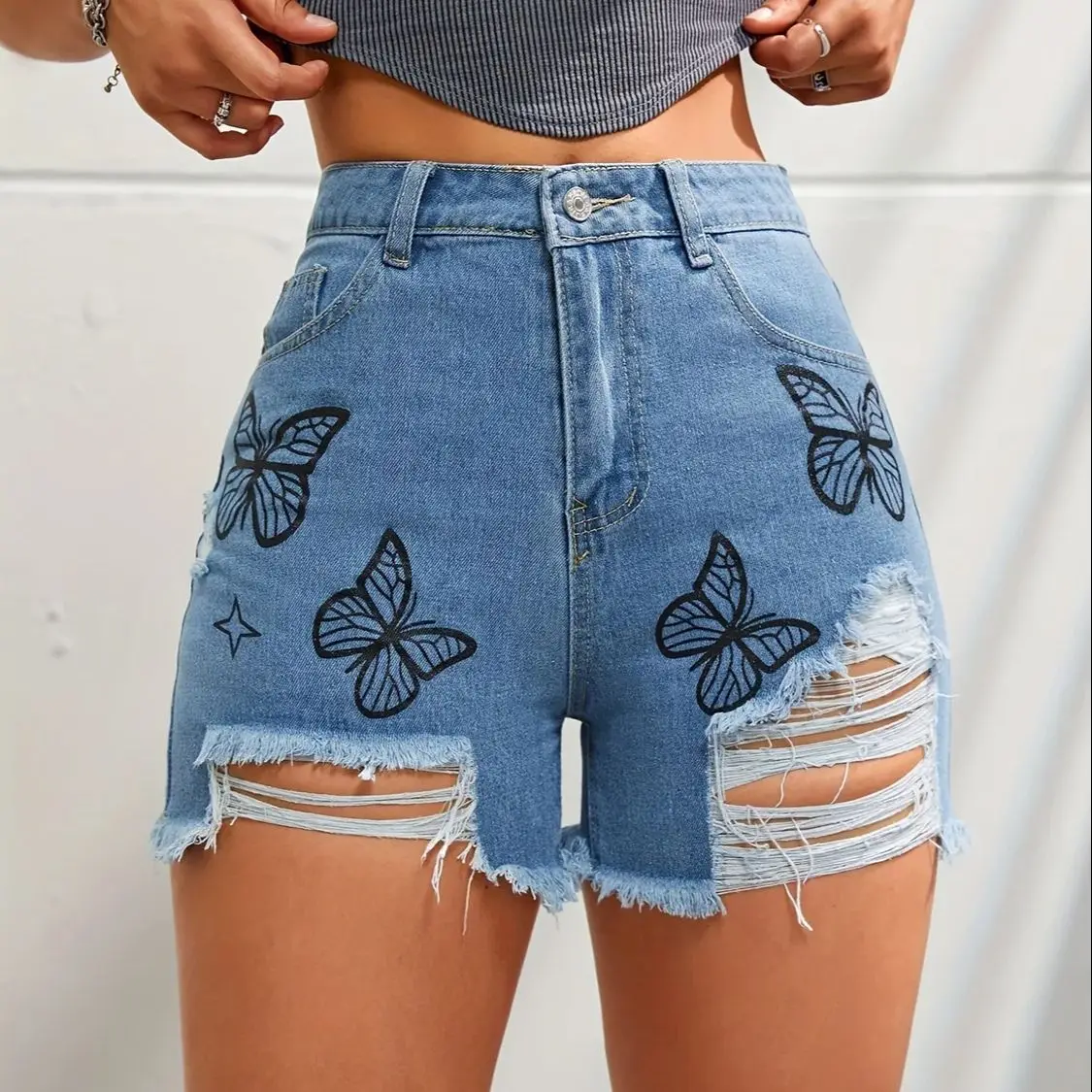 Denim Shorts Butterfly Print Raw Edge Cut Off Daily Casual High Waist Slim Versatile Women'S Summer New Straight Shorts