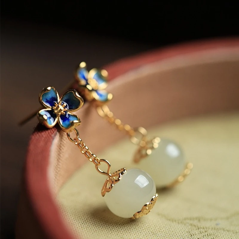 

Classical Jewelry Hotan Jade Four Leaf Grass Flower Women's Antique Earrings