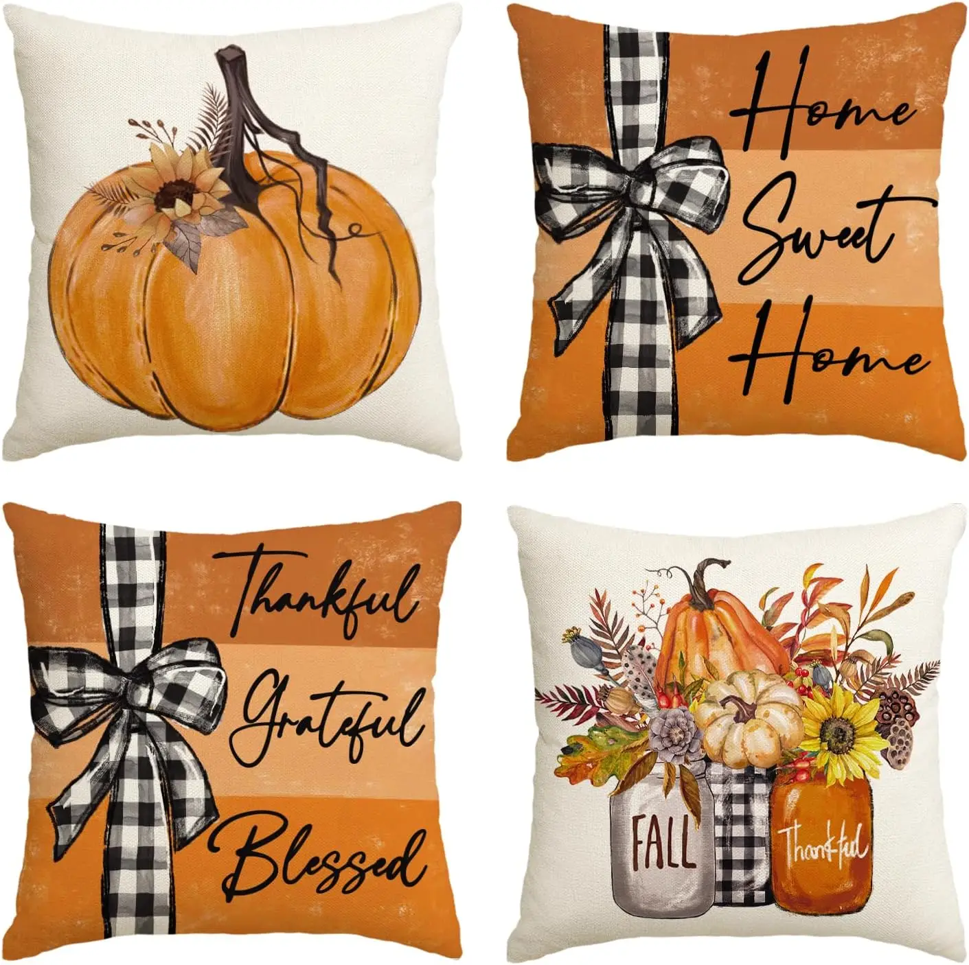 4 Pcs Fall Pumpkin Home Sweet Home Throw Pillow Covers, 45x45CM Autumn Thankful Grateful Blessed Floral Decor for Sofa Couch