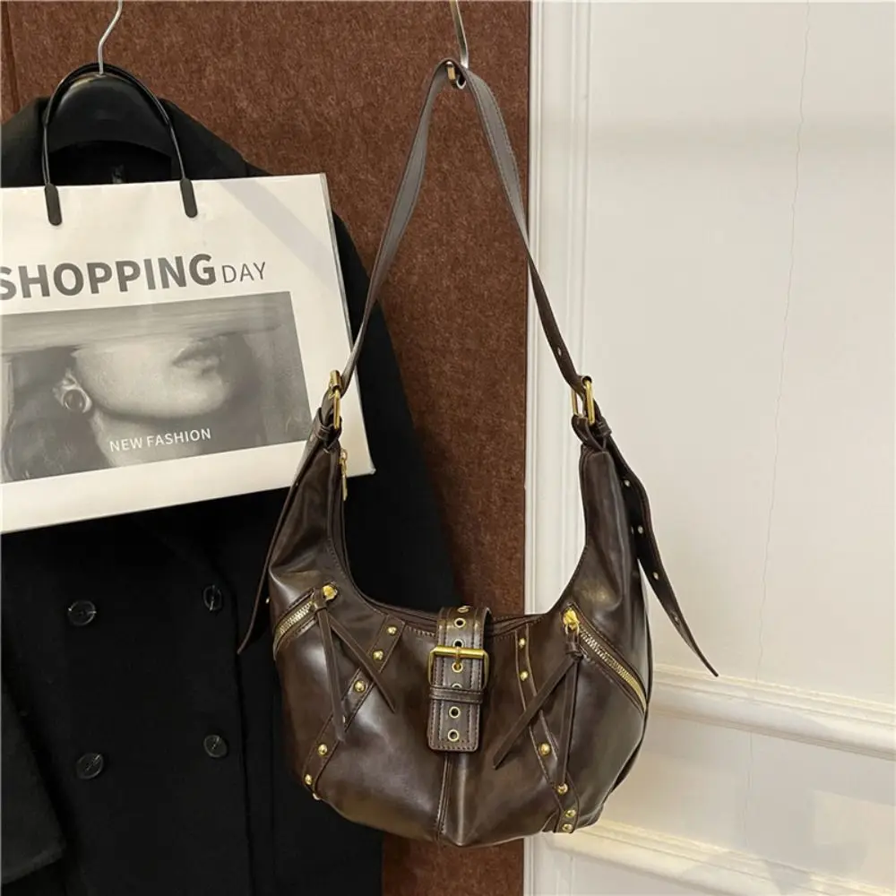 

Oil Wax LeatherRetro American Style Rivets Buckle Crossbody Bag Large Capacity Korean Style Locomotive Style Underarm Bag