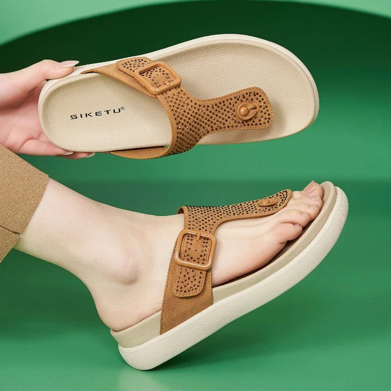 

Brown Fringe Flat Sandals With Studded Detail Double Ankle Strap Back Zipper Comfortable Open Toe Summer Shoes For Daily Walking