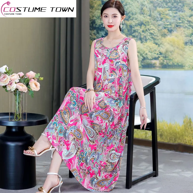 

2023 New Cotton Silk Sleeveless Dress Summer Loose Fashion Mid Length Reduced Age Fragmented Flower Style Long Dress