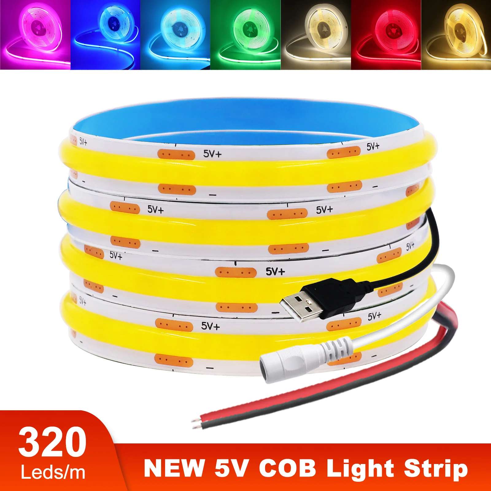 COB LED Lights Strip 5V 320Leds/M High Density Flexible Ribbon Tape Room Decoration White Natural Ice Blue Red DIY TV Backlight