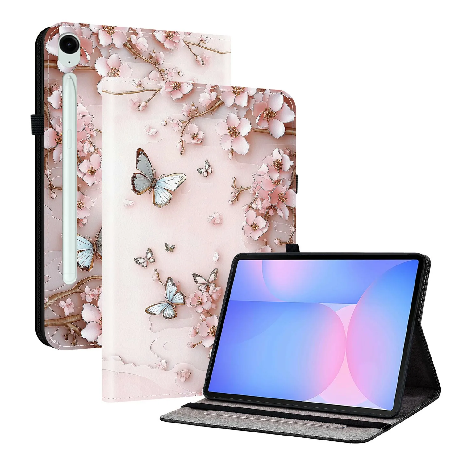 

For Samsung Galaxy Tab S10 FE+ Leather Case Pattern Printed Stand Tablet Cover with Card Slots - Pink Butterfly