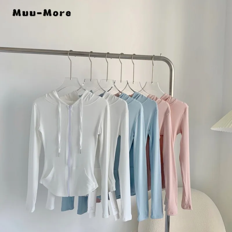 

2023 Autumn Winter Y2K Trendy Lace Up Hooded Zipper Slim Sportswear Top for Women Solid Color Long Sleeve Tops Outerwear