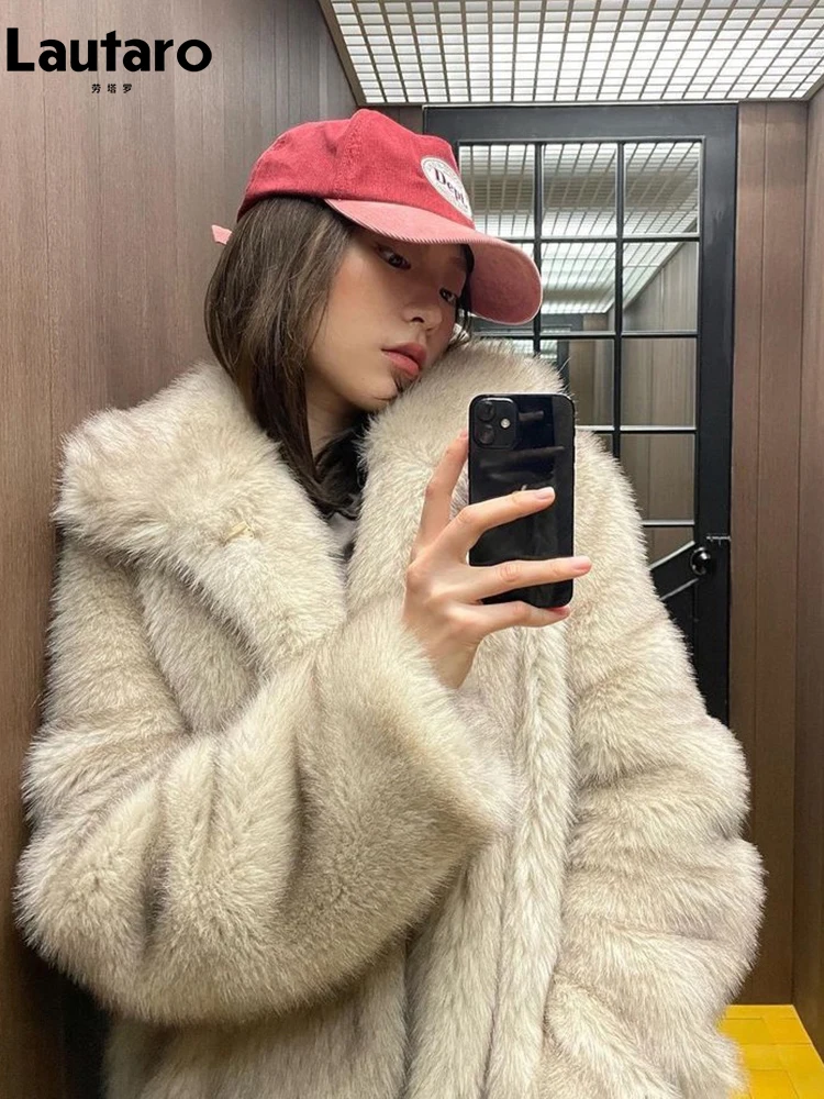 Lautaro Autumn Winter Thick Hairy Warm Faux Fur Coat Women Long Sleeeve Turn-down Collar Loose Casual Soft Fluffy Jacket 2024