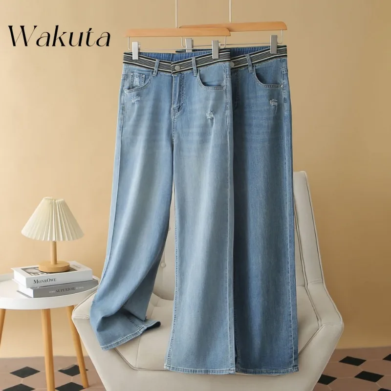 WAKUTA French Vintage Do Old Pockets Fake Zippers Large Size Jeans Casual Covered Meat Skinny Straight Pant Blue Jeans for Women