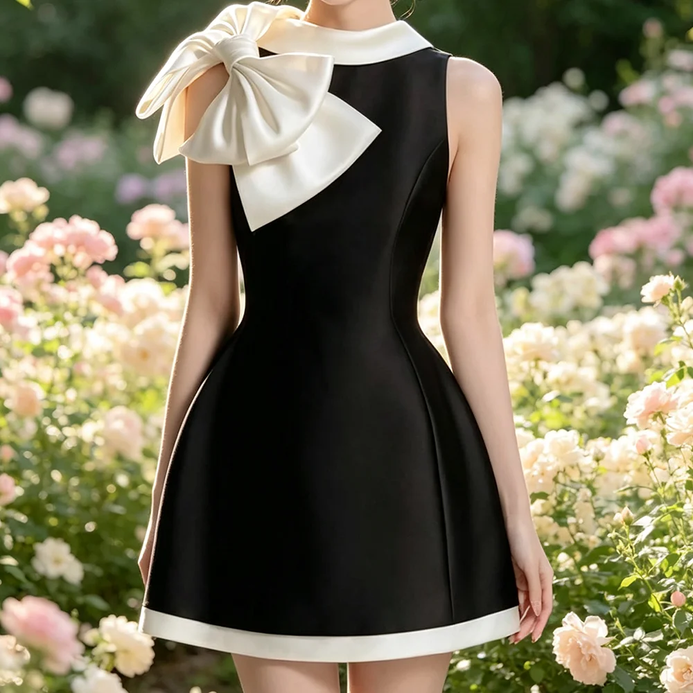 Classic O-Neck Contrast Color Bow Sleeveless A-Line Formal Evening Dresses Birthday Party Prom Gowns Customized
