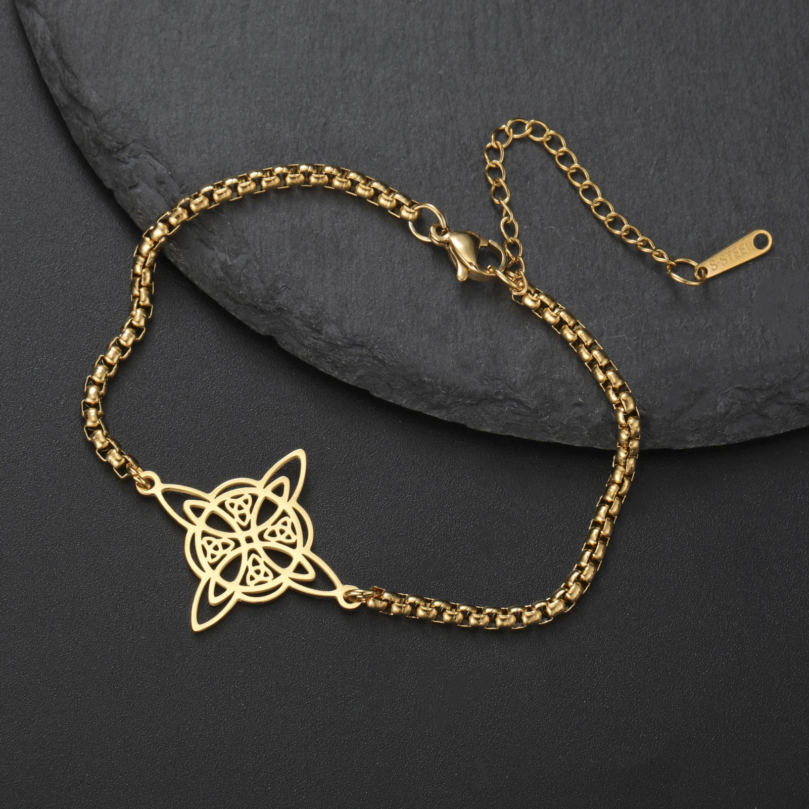 Skyrim Irish Knot Charm Bracelet Stainless Steel Gold Color Box Chain Witch Knot Talisman Witchcraft Jewelry