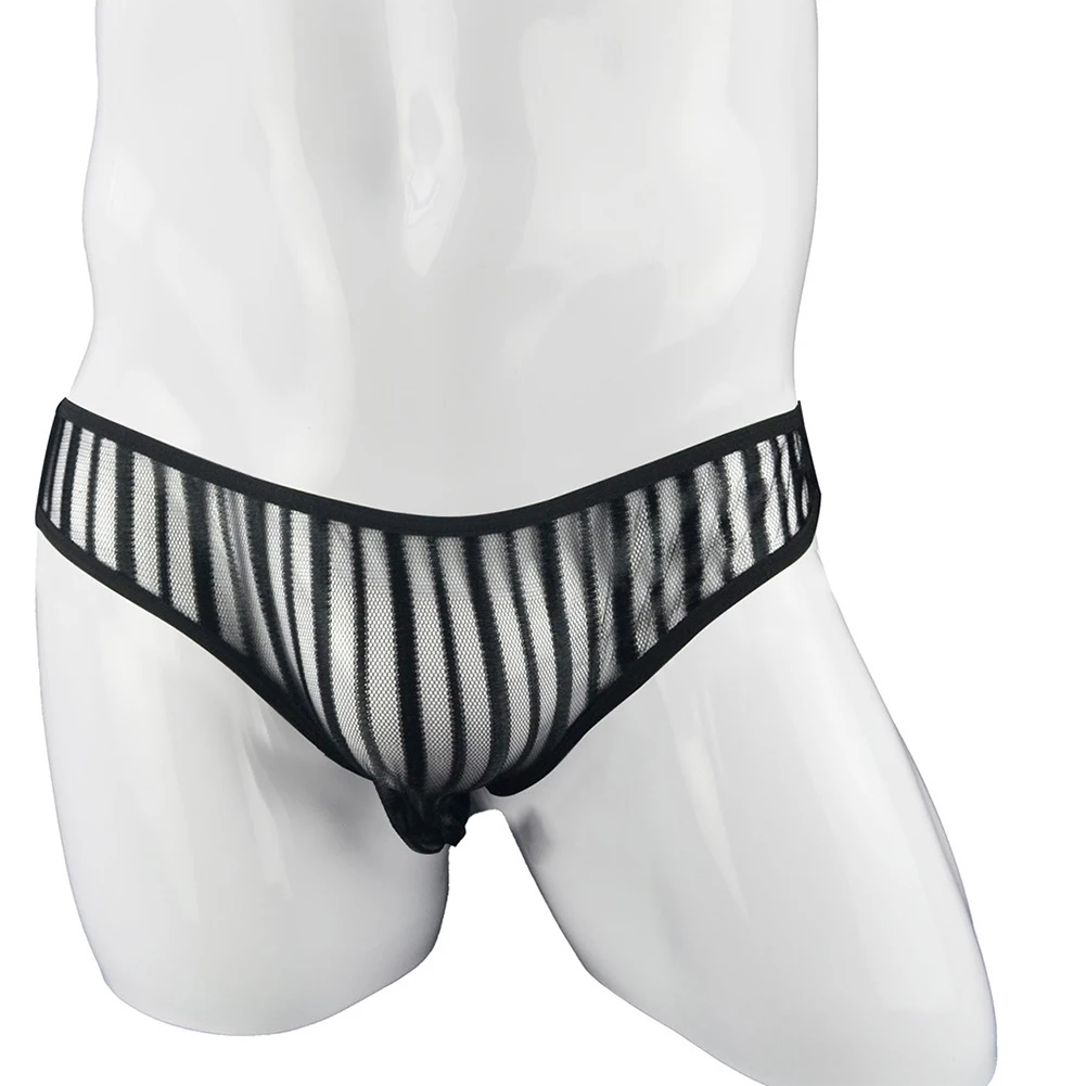 Slip sexy à rayures noires pour hommes, sous-vêtement en maille transparente, culotte tanga bikini respirante à séchage rapide