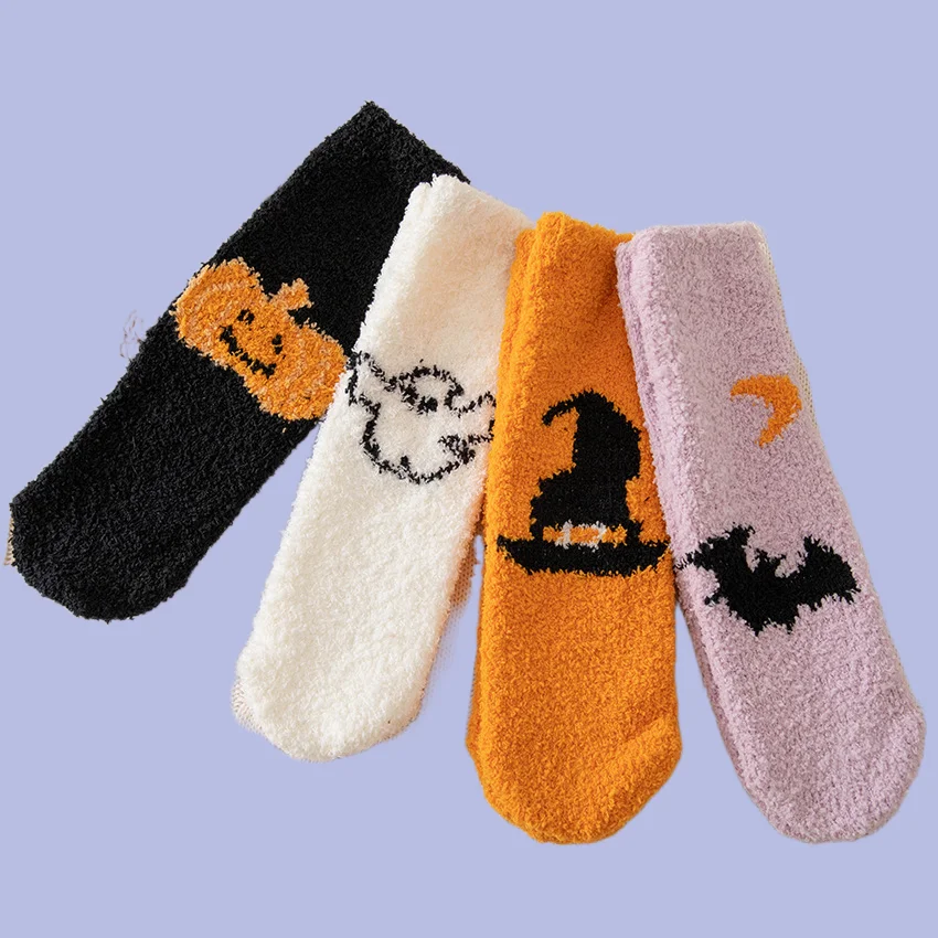 Chaussettes de sol optiques chaudes pour femmes, pile de couchage, série Halloween, mode, lieux, sourire, automne, hiver, 2/4 paires