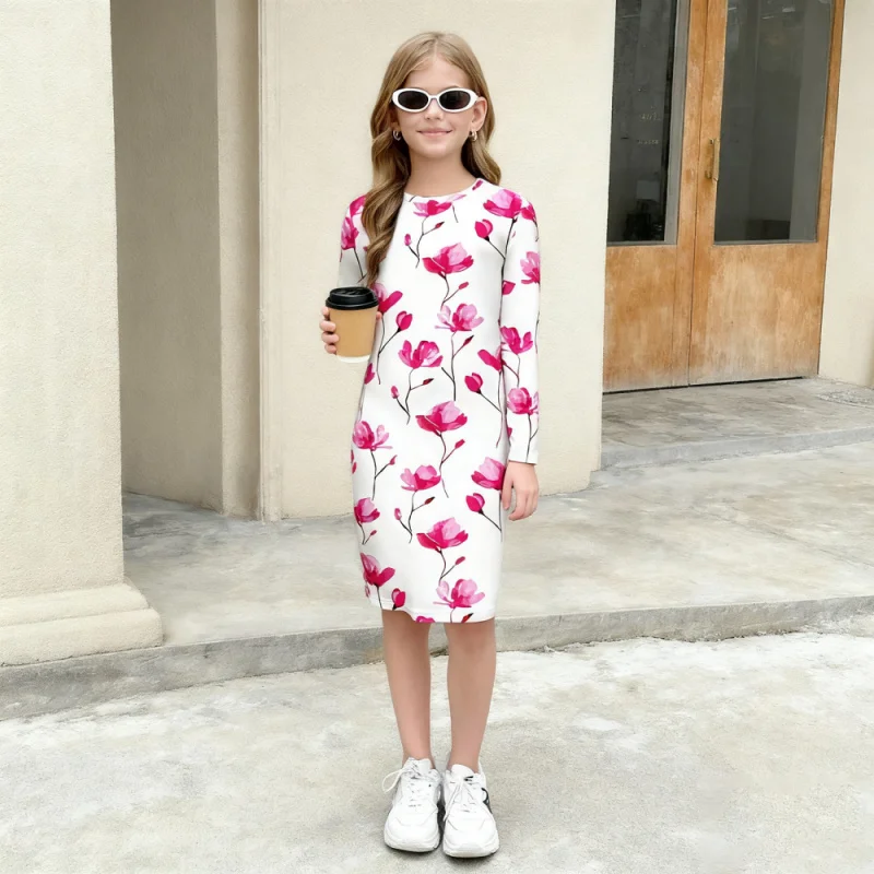 

2025 Girls' Pink Floral Print Long-sleeve Slim Fit Dress - Cute Casual Tight-fitting Children's Dress, Fashionable Daily Wear