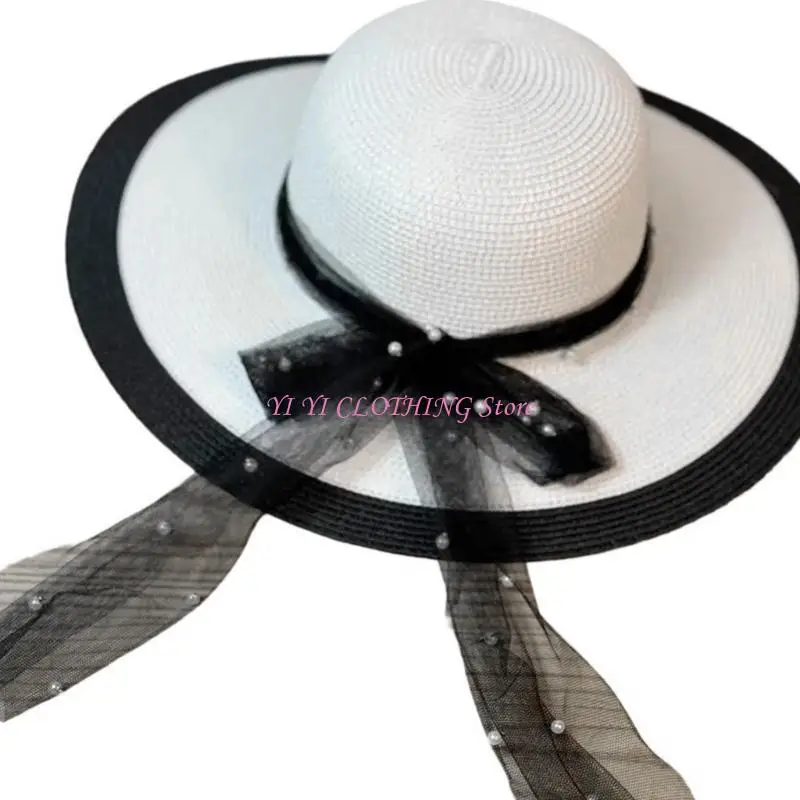 N5KF Girl Hand Weaving Beach Hat with Yarn Hat Band Spring Beach Getaways Straw Hat
