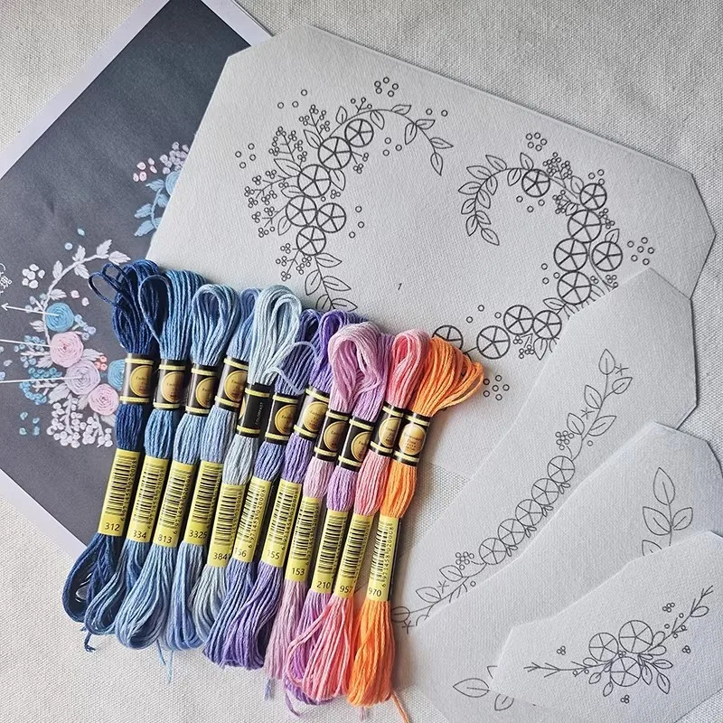 Chinese Hand Embroidery Starter Kit - Rose Design with Water-Soluble Pattern Paper, Iron-On Backing, Thread for DIY