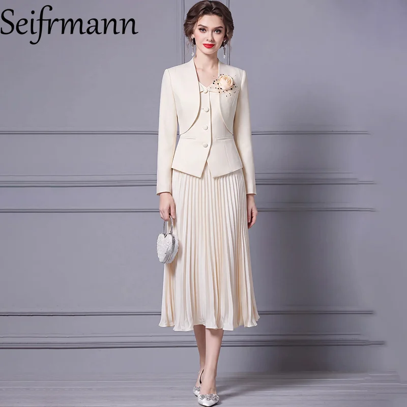 Seifrmann Solid color three-piece short suit jacket+suspender top+pleated skirt suit 2026 new autumn fashion women's clothing