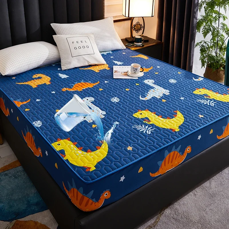 Waterproof Quilted Mattress Cover for Kids Cartoon Dinosaur Printed Bed Sheet160x200cm Single/Double/Queen/King Bed Cover180x200