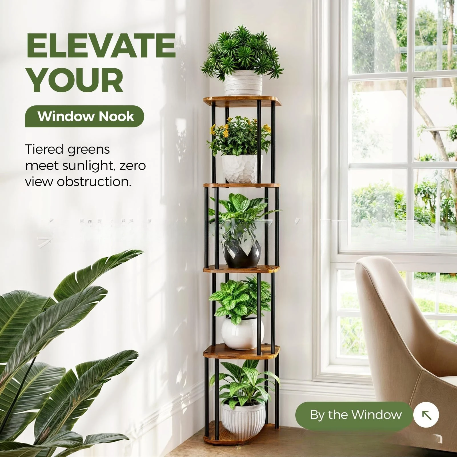 Iron wood high-rise plant frame indoor corner flower pot frame 5-layer metal flower pot frame suitable for bedroom, living room,