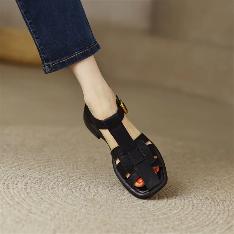 2023 New Summer Sandals Split Leather Low Heels Woman Shoes Chunky Heel Square Toe Sandals Shoes Handmade Casual Women Pumps