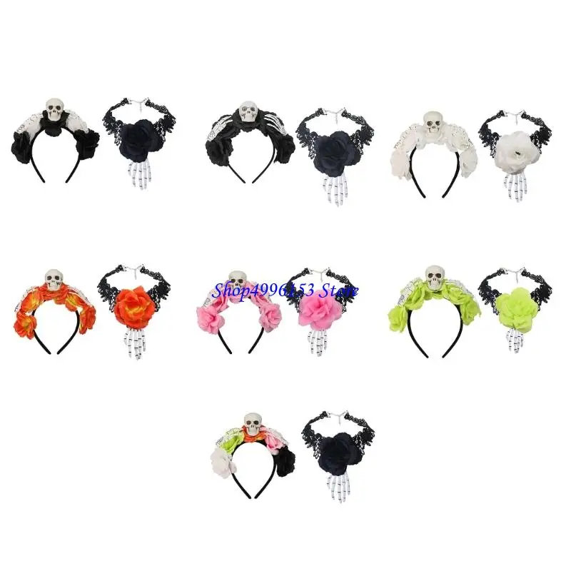 Q0KE Halloween Skull Floral Headband Gothic Party Hair Accessory For Women Men Kids
