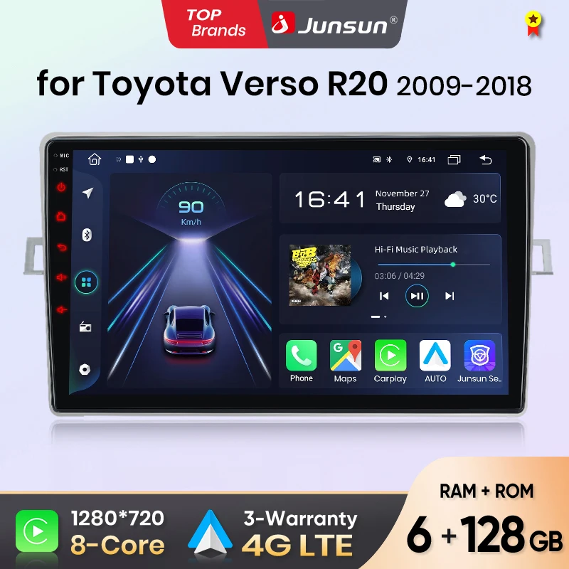 Junsun Android sans fil CarPlay Auto autoradio pour Toyota Verso R20 2009-2018 systèmes intelligents DSP SWC RDS GPS FM BT