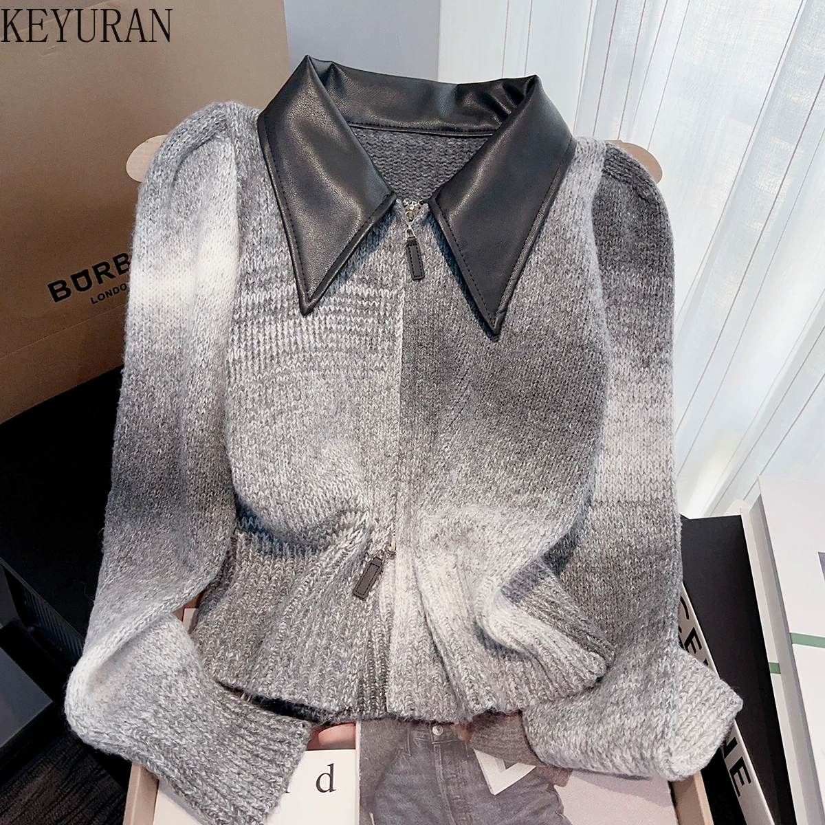 

PU Turn-down Collar Long Sleeve Female Chic Knitted Cardigan Women Sweater 2025 Autumn Korean Double Zipper Lady Knitwear Tops