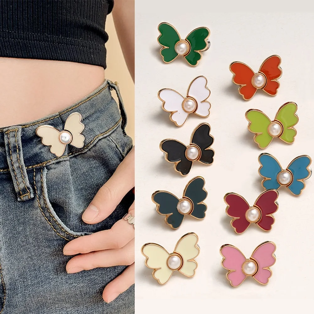 Pearl Butterfly Adjustable Pant Waist Tightener Jeans Alloy Button No Sewing Required Easy To Install Accessory Pins Buttons