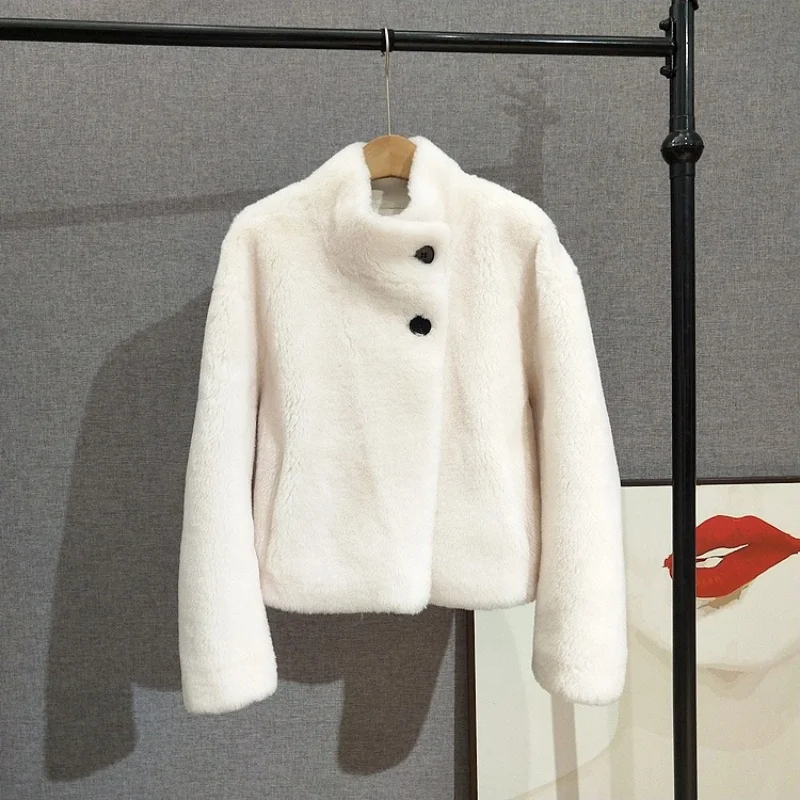 الشباب نمط قصير الأغنام شيرلينغ معطف الصوف الحقيقي الفراء سترة المرأة الوقوف طوق ملابس خارجية للمناسبات غير الرسمية JT542