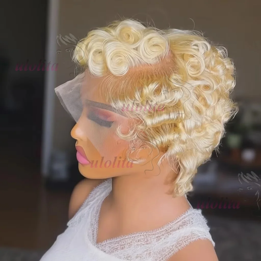 613 Blonde Pixie Cut Kurzer Bob Lockige Wellen Echthaarperücken Schokoladenbraun Kurzer Bob 13x4 Transparente Lace Front Perücken Vorgezupft – Detail 4